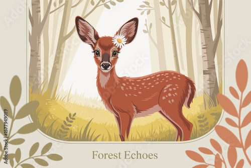 Adorable fawn with daisy in enchanted forest setting