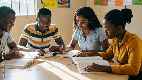 Four students studying together at a table with books and pens in a bright and airy classroom setting