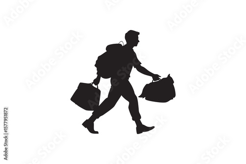 Silhouette of a man walking with luggage carrying a backpack briefcase and duffel bag isolated on a white background representing travel and movement