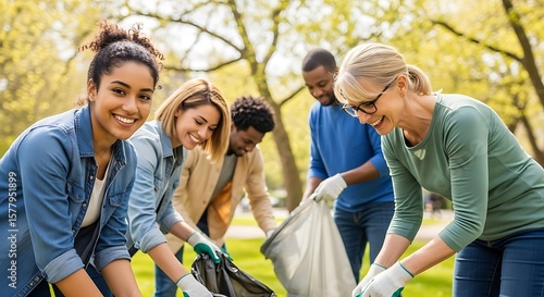 Community Volunteers Cleaning Up Park Group of diverse people working together to remove trash and improve the environment.