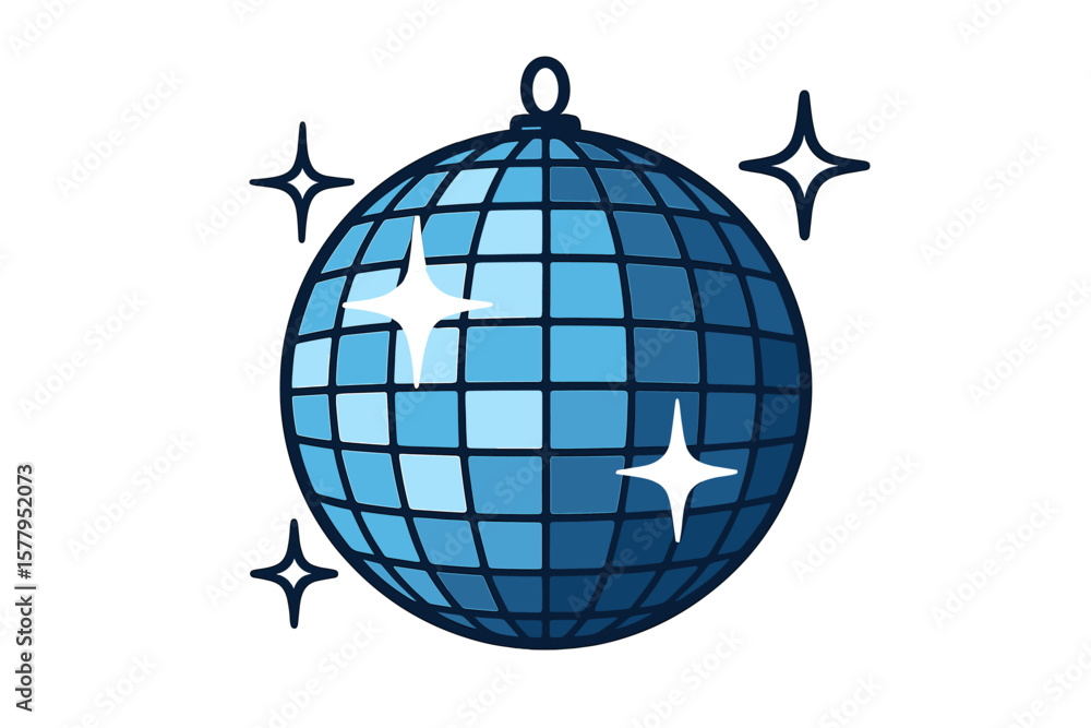 Iconic glittering disco ball, a shining mirror sphere typically found in nightclubs for parties and dance music events, represented in a classic 70s or 80s discotheque style and isolated on a white Iconic glittering disco ball, a shining mirror sphere typically found in nightclubs for parties and dance music events, represented in a classic 70s or 80s discotheque style and isolated on a white