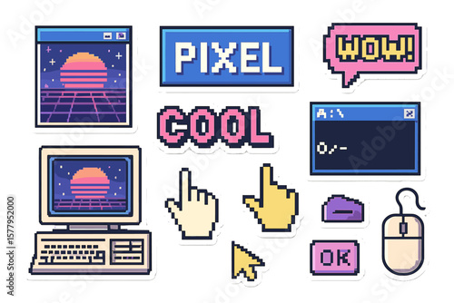 Retro computer elements from the 1980s-1990s, including square frames and seamless backgrounds, are featured in this sticker pack with a cool retrowave user interface and desktop illustration of old