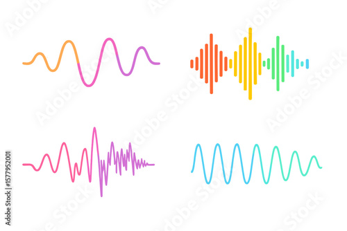 Vector illustration of a collection of colored sound waves, including analog and digital audio signals, music equalizers, interference voice recordings, and high frequency radio waves