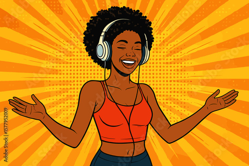 A young, attractive African American woman, wearing headphones and displaying a wide smile, throws her hands up in the air, set against a vibrant vector background in a pop art retro comic style