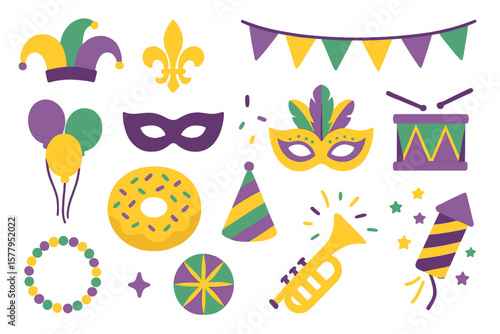 A set of flat icons for Mardi Gras carnival, including individual festive elements for festivals and masquerades, featuring masks, patterns, symbols, and the fleur de lis sign, representing Shrove
