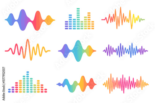 Vibrant audio patterns, including sound waves, music waveforms with color gradients, and a digital studio equalizer, form a vector set, along with a multicolor collection of audio line cliparts and