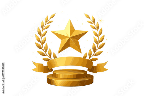 Vector illustration of a gold award round podium with laurel wreath, ribbon, star, shiny glitter and sparkles on a dark background, symbolizing victory, achievement, success, and the rewarding of a