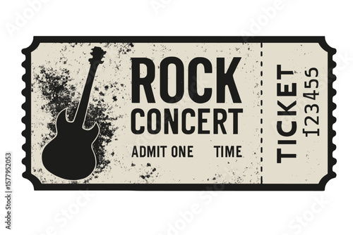 template design for a black rock concert ticket featuring a black guitar and grunge effects in the background as a vector illustration