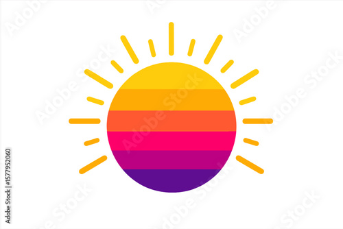 A flat vector icon of a retro sun from the 80s in color, suitable for use in apps and print