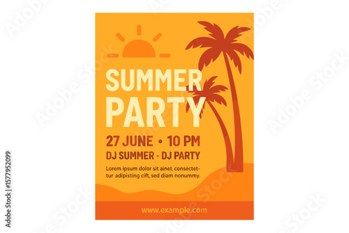 Vibrant orange themed summer party flyer template design with a sunset twist