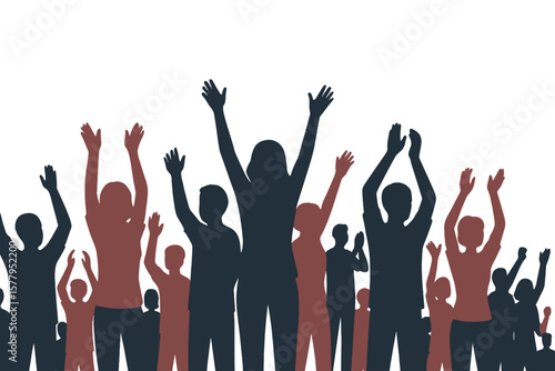 Silhouetted crowd of people cheering with hands up, applause from the audience and spectators at a theater, a cheerful mob of fans applauding and clapping at a party, concert or sport event in vector