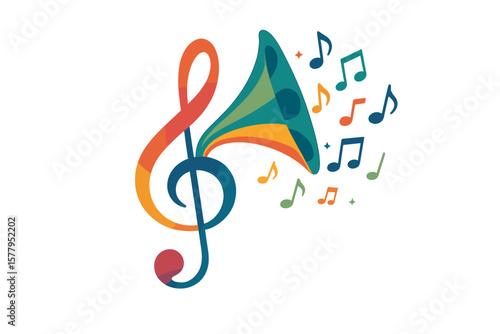 Vector illustration of a colorful G-clef with a gramophone horn on a music background, featuring retro phonograph horn and music notes, suitable for music festival posters, concert events, and party
