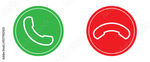Phone call icon accept and decline. Icons depict the option to accept or decline phone call with red and green buttons. Phone icon. Answer and hang up the phone icon. Accept and decline incoming call 