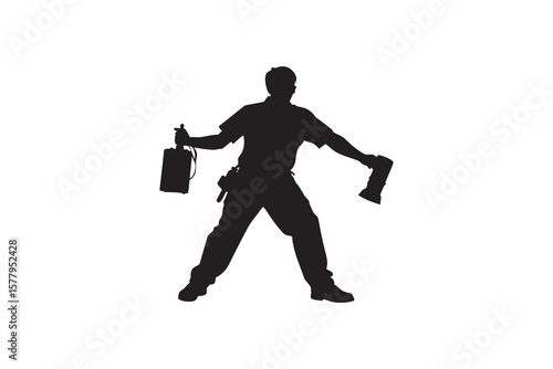 Silhouette of a photographer holding a camera and a flash standing with legs apart isolated on a white background full body shot