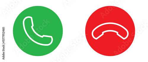 Phone call icon accept and decline. Icons depict the option to accept or decline phone call with red and green buttons. Phone icon. Answer and hang up the phone icon. Accept and decline incoming call 
