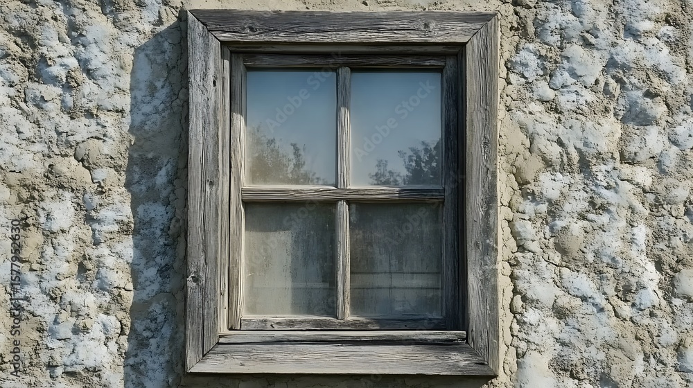 Obraz premium Rustic Wooden Window on Old Stone Wall Exterior