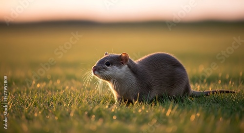 Cute Otter on Grassland in Warm Light A Serene Wildlife Scene at Sunrise