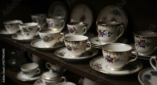 Elegant Tea Set Display Vintage Porcelain Cups and Saucers on a Shelf, Decorative Floral Pattern, Refined Afternoon Tea Collection