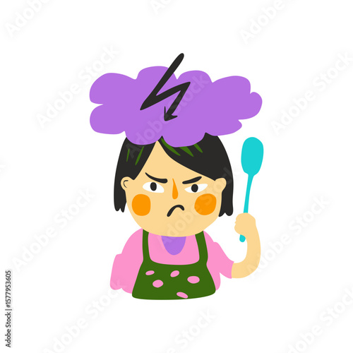 Angry Asian cartoon mom holding spoon with purple storm cloud over head in colorful flat doodle style on transparent background for parenting blog or temper illustration