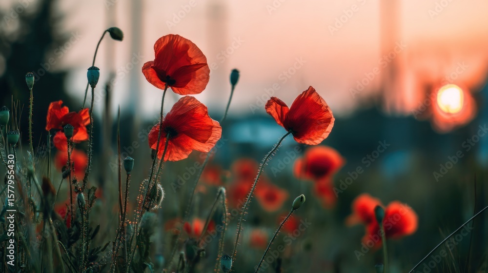 Fototapeta premium Vibrant red poppies at sunset