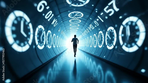 Man running through a tunnel filled with floating clocks and light  