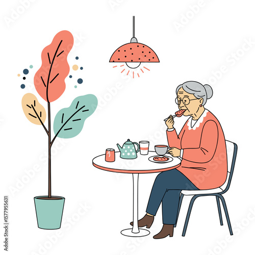 Old eldery woman enjoying a meal at a café table with a decorative plant and teapot