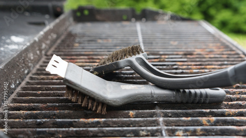 A detailed image features a grill brush placed on a barbecue grill. The background displays lush greenery, creating a fresh and outdoor ambiance.