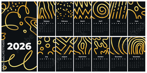 Classic monthly calendar with abstract gold line art illustration. Vector template. Annual calendar planner. Week starts on Sunday. Black agenda organizer square page. Christmas gift. New Year 2026