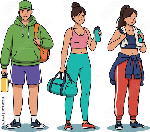 Group of three young sporty people in casual activewear holding water bottles and gym bags after workout