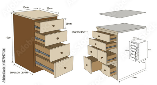 Detailed furniture drawing with measurements. 