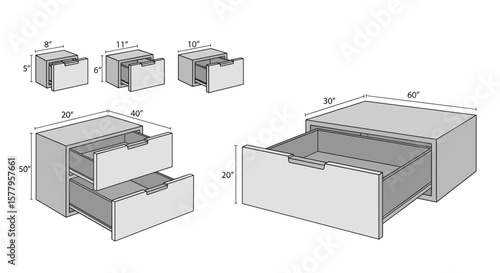 Different sizes of chest of drawers with dimensions. 