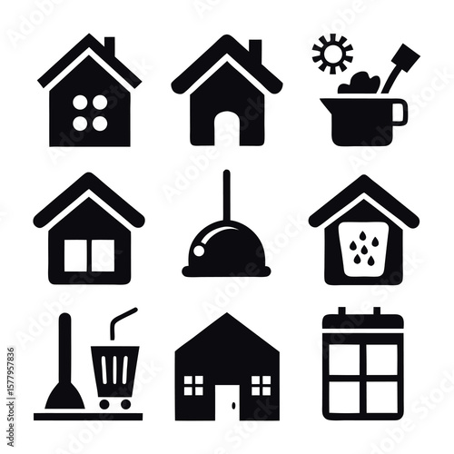 Home and Cleaning Black & White Vector Icons Set - Household Maintenance, Property, and Daily Chores