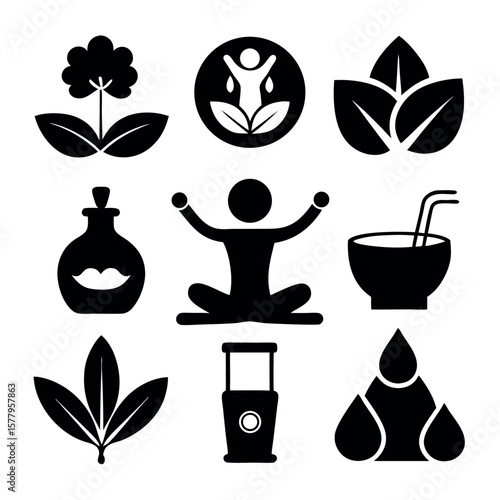 Natural Health & Wellness Vector Icons Set - Herbal Medicine, Organic, Yoga, and Essential Oils Symbols