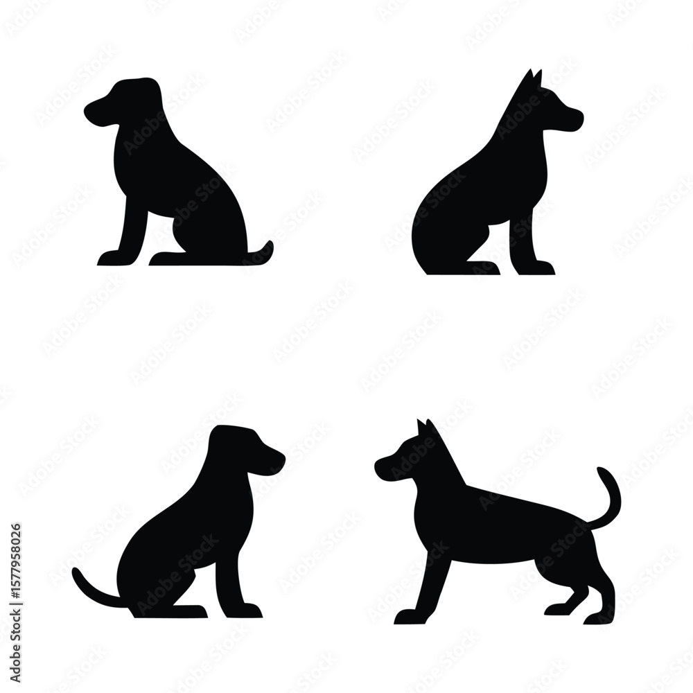 Collection of Dog Silhouettes in Various Poses Black Vector Icons on White Background Pet Animal Illustration Canine Symbol Set Domesticated Breed Graphics Simple and Clean Collection of Dog Silhouettes in Various Poses Black Vector Icons on White Background Pet Animal Illustration Canine Symbol Set Domesticated Breed Graphics Simple and Clean