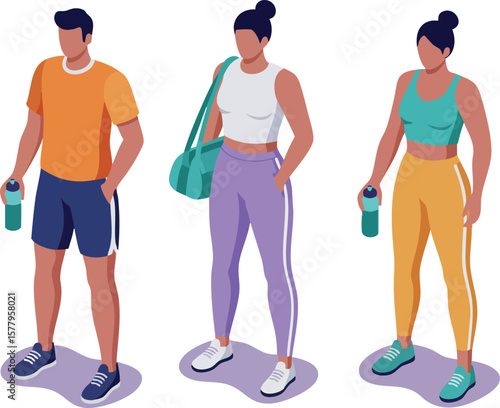 Three young people wearing sportswear with water bottles and gym bag ready for workout and fitness training vector illustration