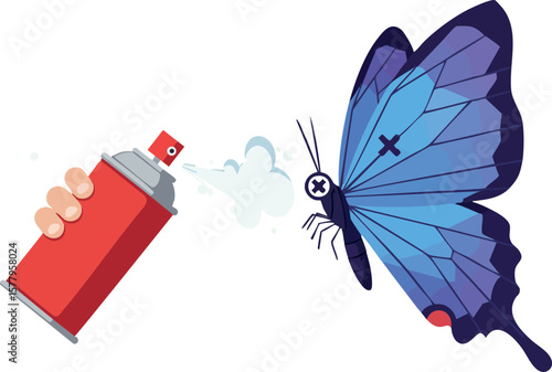 Butterfly being sprayed with red spray can blue wings insect environment concept vector illustration