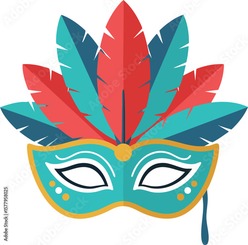 Carnival mask with colorful red and blue feathers and ornamental design vector illustration