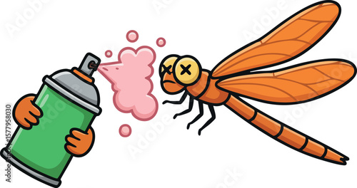 Dragonfly encountering pink spray paint from green can in humorous vector illustration