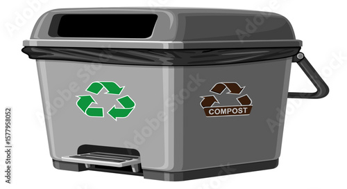 A recycling bin with compost label. 