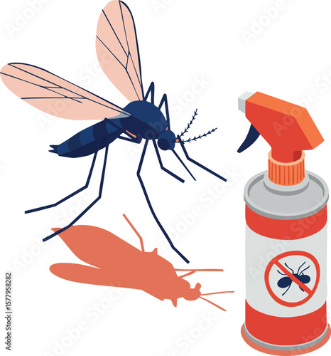Mosquito insect repellent spray bottle with flying mosquito vector illustration for pest control and insect protection product design