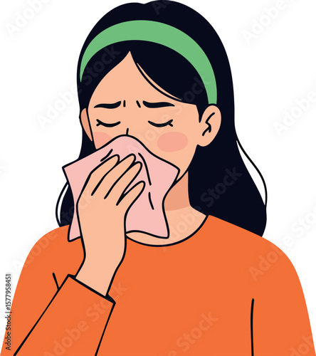 Woman sneezing with tissue feeling sick and unwell in orange sweater vector illustration