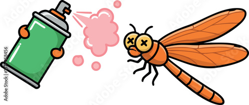 Cartoon style orange dragonfly being sprayed with green insecticide spray can vector illustration