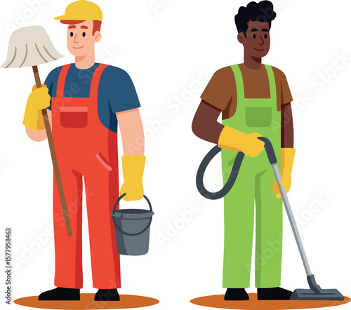 Two professional janitors cleaning with mop and vacuum in colorful uniforms and gloves vector illustration