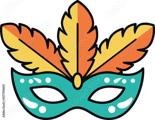 Carnival mask with colorful orange and yellow feathers festive masquerade accessory vector illustration