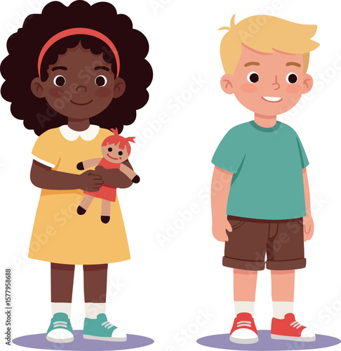 Two happy children standing together with doll and smiling in casual clothes vector illustration