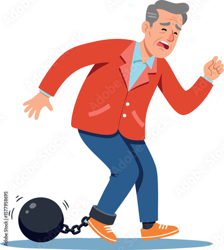 Elderly man struggling with heavy ball and chain attached to leg vector illustration showing burden and difficulty in movement