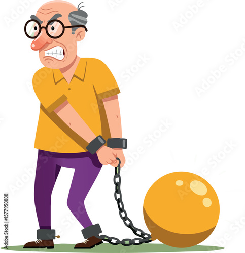 Elderly man struggling with heavy ball and chain burden in yellow shirt and purple pants vector illustration