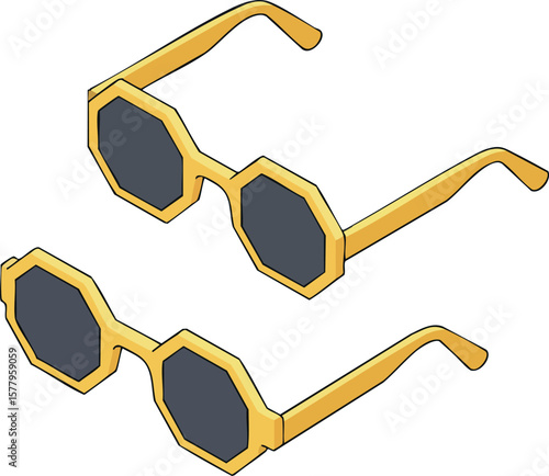 Octagonal shaped sunglasses with golden frames and black lenses stylish fashion accessories vector design