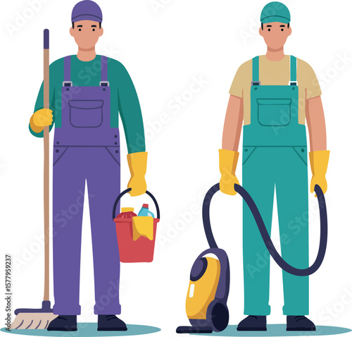 Cleaning workers with mop bucket and vacuum cleaner performing janitorial duties vector illustration