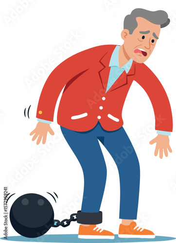 Man wearing red jacket chained to heavy black ball struggling to walk vector illustration